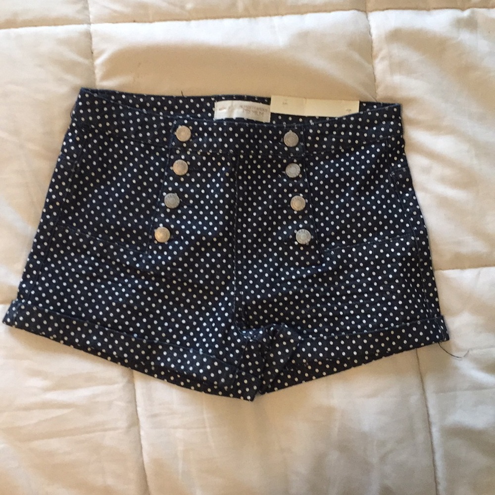 POLKA DOT HIGH WAISTED BUTTON UP DENIM SHORTS